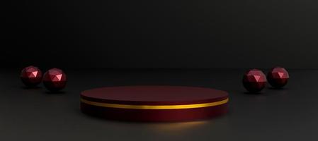 Red cylinder podium with decorative objects in black background. Stand to show products. Stage showcase with copy space. Pedestal display. Banner size. Website cover template. 3D rendering. photo