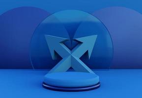 Blue cylinder podium with arrow cross in blue background. Stand to show products. Stage showcase with copy space. Business Growth Concept. 3D rendering. photo