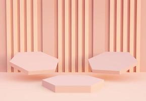 Set of three podiums with abstract stripes wall. Stand to show products. Stage showcase with modern scene. Pedestal display with copy space. 3D rendering. Studio platform template.