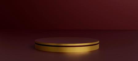 Golden cylinder podium with decorative objects in red background. Stand to show products. Stage showcase with copy space. Pedestal display. Banner size. Website cover template. 3D rendering. photo