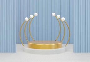 Golden cylinder podium with decorative objects on blue background. Stand to show products. Stage showcase with copy space. Pedestal display.  3D rendering. photo