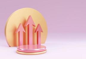 Pink cylinder podium with three up-arrows in light pink background. Stand to show products. Stage showcase with copy space. Business Growth Concept in minimal style. 3D rendering. photo