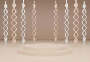 Beige podium with abstract art objects. Stand to show products. Stage showcase with modern scene. Pedestal display with copy space. 3D rendering. Studio platform template. photo