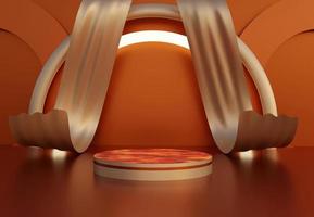 Elegant brown cylinder podium with abstract decorative objects. Stand to show products. Stage showcase with copy space. Minimal pedestal background. 3D rendering. photo