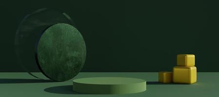 Green podium with abstract art objects. Stand to show products. Stage showcase with copy space. Pedestal display. Nature theme. Banner size. Website cover template. 3D rendering. photo