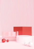 Three podiums with minimal abstract art objects. Stand to show products. Stage showcase on pink background. Pedestal in vertical display. Beauty fashion backdrop for smartphone. 3D rendering.