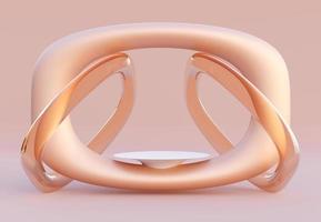 Pink Gold cylinder podium with decorative objects on nude color background. Stand to show products. Stage showcase with copy space. Pedestal display.  3D rendering.