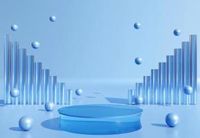 Transparent blue cylinder podium with decorative objects on blue background. Stand to show products. Stage showcase with copy space. Pedestal display.  3D rendering.