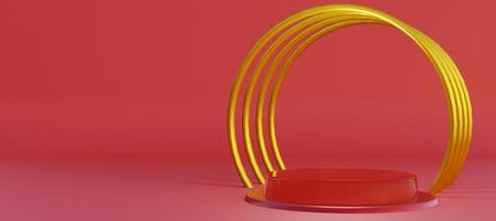 Red podium with decorative objects. Stand to show products with copy space. Red pedestal in futuristic clean scene. Banner size. Website cover template. 3D rendering. photo