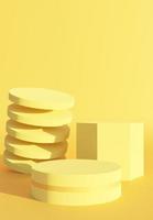 Three style abstract podium objects. Stand to show products with minimal scene on yellow background. Pedestal in vertical display. Beauty fashion backdrop for smartphone. 3D rendering.