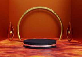 Elegant black podium on lava floors. Background to show products with copy space and lava scene. Pedestal display. 3D rendering.