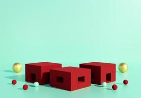 Red podium with decorative objects. Stand to show products. Stage showcase with modern scene. Pedestal display with copy space. 3D rendering. Studio platform template.