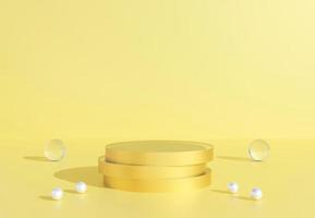 Golden cylinder podium with decorative objects in yellow background. Stand to show products. Stage showcase with copy space. Pedestal display. Banner size. Website cover template. 3D rendering.