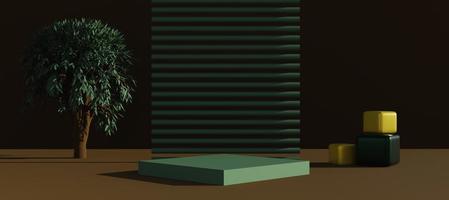 Green podium with abstract art objects. Stand to show products. Stage showcase with copy space. Pedestal display. Nature theme. Banner size. Website cover template. 3D rendering.
