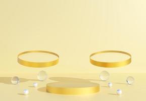 Transparent cylinder podium with decorative objects in yellow background. Stand to show products. Stage showcase with copy space. Pedestal display. Banner size. Website cover template. 3D rendering.