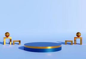 Blue cylinder podium with decorative objects in blue background. Stand to show products. Stage showcase with copy space. Pedestal display. Banner size. Website cover template. 3D rendering.