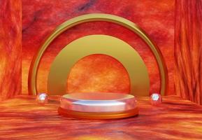 Silver podium on lava background to show products with copy space. Pedestal display with lava scene. 3D rendering.