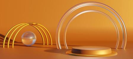 Podium with abstract decorative objects. Stand to show products with copy space. Bronze pedestal in futuristic scene. Banner size. Website cover template. 3D rendering.