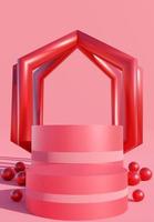 Pink cylinder podium with abstract art objects. Stand to show products. Stage showcase with minimal scene. Pedestal in vertical display. Beauty fashion backdrop for smartphone. 3D rendering. photo