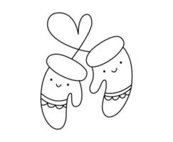 Vector line illustration couple of warm knitted happy smilling mittens love design. Pair of cute patterned elements for winter design. Comfort and warm concept. Doodle style