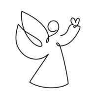 Simple vector Christmas angel with heart, continuous one line drawing, print for clothes and logo design, emblem or silhouette one single line, isolated abstract illustration