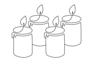 Hand drawn one line vector burning four 4 candles logo icon. Continuous Christmas advent outline illustration for greeting card, web design isolated holiday invitation