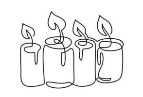 Hand drawn one line vector burning four 4 candles logo icon. Continuous Christmas advent outline illustration for greeting card, web design isolated holiday invitation