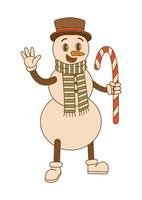 Comic character of a groovy snowman with hat, scarf and candy in trendy cartoon style on isolated background. For card, poster, print. vector