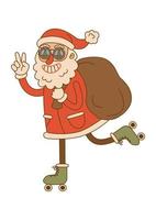 personaje cómico de un maravilloso patinaje sobre ruedas de santa claus con una bolsa en un estilo de dibujos animados de moda en un fondo aislado. para tarjeta, póster, impresión. vector