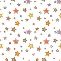 Hippie Christmas groovy seamless pattern with different cartoon stars on white background in retro style 1960s - 1970s vector