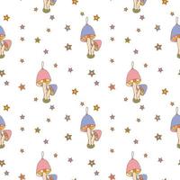 Hippie Christmas groovy seamless pattern with cartoon mushrooms and stars on white background in retro style 1960s - 1970s vector