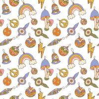Hippie Christmas groovy seamless pattern with cartoon christmas tree toys on white background in retro style 1960s - 1970s vector