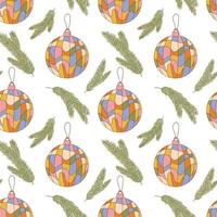 Hippie Christmas groovy seamless pattern with cartoon christmas balls and fir branches on white background in retro style 1960s - 1970s vector