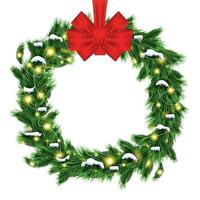 Christmas Wreath with Green Fir Branch and Red Bow Isolated on White Background. vector