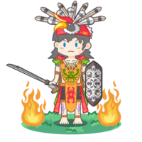 Cute Dayak warrior with shield and Mandau png