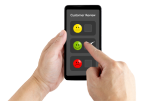 hand touching the application on the happy smile face icon to give satisfaction in service.rating very impressed.Customer service and Satisfaction concept png