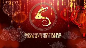 frohes chinesisches neujahr 2023 jahr der kaninchengrußanimation mit laterne und goldener verzierung. chinesische Feiertagsveranstaltung.