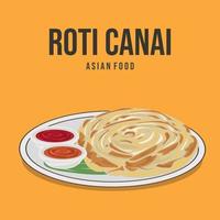 Roti canai, also known as roti cane or roti parotta, is an Indian-influenced flatbread dish vector