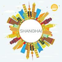 Shanghai Skyline with Color Buildings, Blue Sky and Copy Space. vector