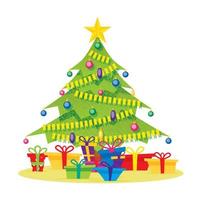 Christmas Tree Isolated on White with Gift Boxes, Star, Balls and Garlands. vector