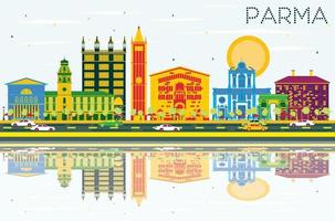 Parma Skyline with Color Buildings, Blue Sky and Reflections. vector