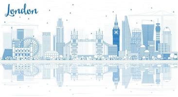 Outline London Skyline with Blue Buildings and Reflections.