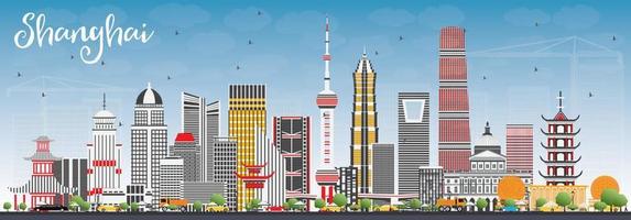 Shanghai Skyline with Color Buildings and Blue Sky. vector