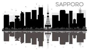 silueta en blanco y negro del horizonte de la ciudad de sapporo con reflejos. vector