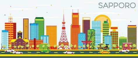 Sapporo Skyline with Color Buildings and Blue Sky. vector