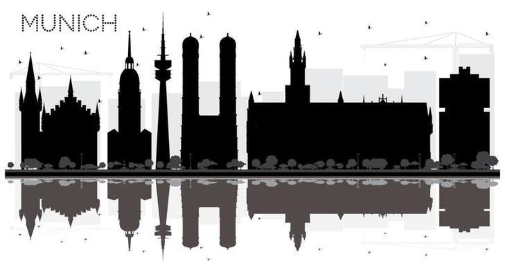 Munich Germany City skyline black and white silhouette with Reflections.
