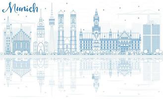 Outline Munich Skyline with Blue Buildings and Reflections. vector