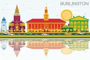 Burlington Skyline with Color Buildings, Blue Sky and Reflections. vector