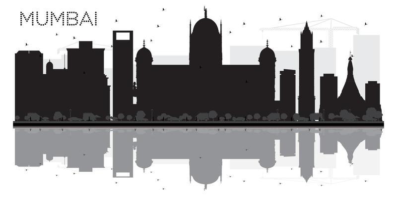 Mumbai City skyline black and white silhouette with reflection.