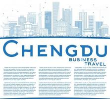 Outline Chengdu Skyline with Blue Buildings and Copy Space. vector